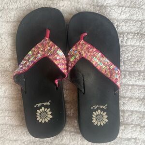 Yellow Box Sequin Pink Multicolor Strappy Flip Flop Sandals. Size 7